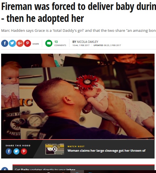 緊急出産に立ち会った消防士、誕生した女児を引き取る（出典：http://www.mirror.co.uk）