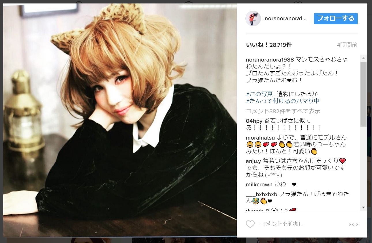 「益若つばさにそっくり！」別人になりきった？　平野ノラ（出典：https://www.instagram.com/noranoranora1988）