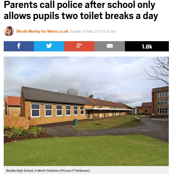 英スクール、生徒に1日2度しかトイレ使用を許さず（出典：http://metro.co.uk）
