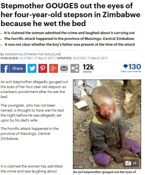 【海外発！Breaking News】4歳息子の眼球をえぐりとった鬼母　「おねしょにカッとなった」（ジンバブエ）