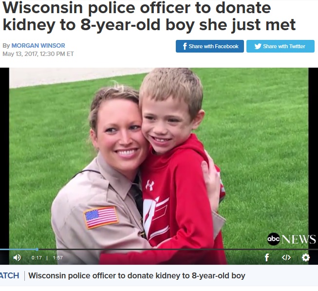 8歳少年に腎臓を提供することを決意した女性警察官（出典：http://abcnews.go.com）