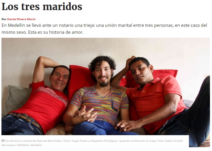 コロンビアの裁判所、男性3名の結婚を認める（画像は『Semana.com　2017年6月11日付「Los tres maridos」（Foto：Pablo Andrés Monsalve// SEMANA, Medellín）』のスクリーンショット）
