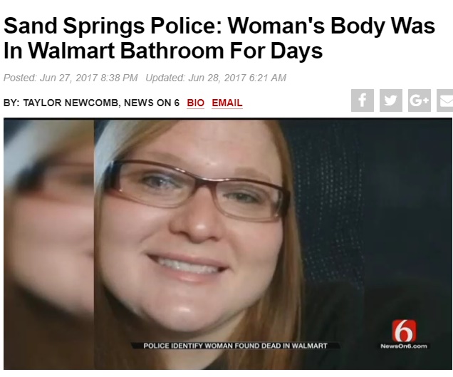 米ウォルマートのトイレで女性が変死（画像は『News On 6　2017年6月28日付「Sand Springs Police: Woman's Body Was In Walmart Bathroom For Days」』のスクリーンショット）
