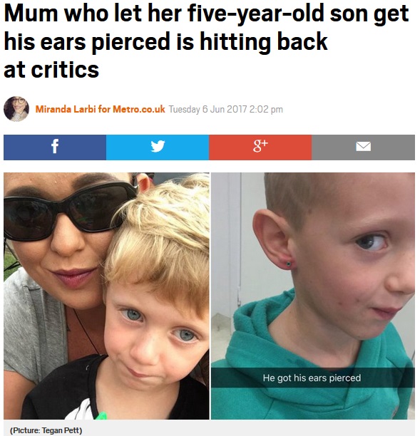 5歳男児の「ピアスがしたい」を許した母親（画像は『Metro　2017年6月6日付「Mum who let her five-year-old son get his ears pierced is hitting back at critics（Picture: Tegan Pett）』のスクリーンショット）