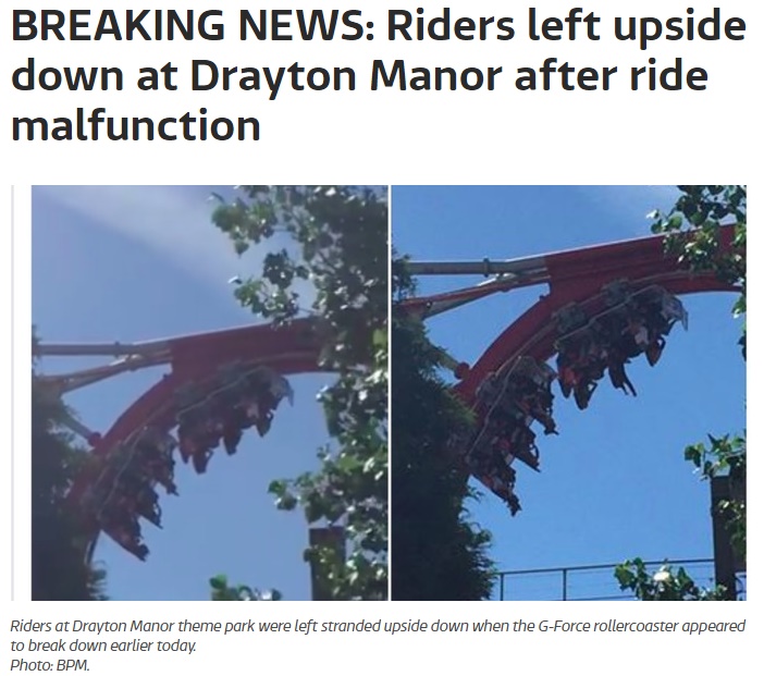 イギリスの遊園地でまたジェットコースターのアクシデント（画像は『ITV　2017年7月1日付「BREAKING NEWS: Riders left upside down at Drayton Manor after ride malfunction」（Photo: BPM）』のスクリーンショット）