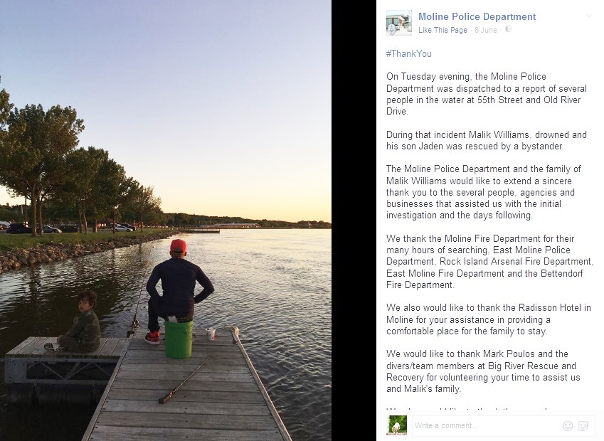 事故直前の父と子（画像は『Moline Police Department　2017年6月8日付Facebook「On Tuesday evening, the Moline Police Department was dispatched to a report of several people in the water at 55th Street and Old River Drive.」』のスクリーンショット）
