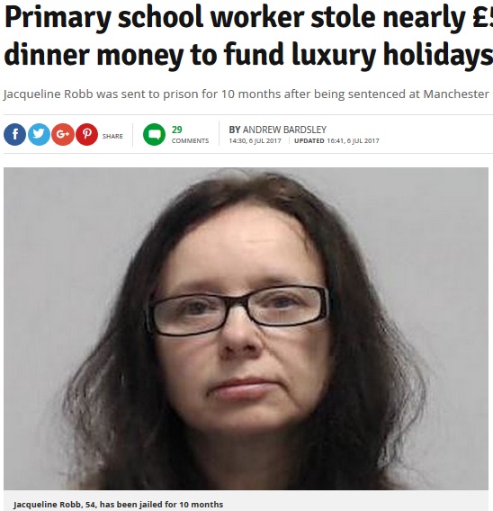 児童の給食費用を着服した事務員の女（画像は『Manchester Evening News　2017年7月6日付「Primary school worker stole nearly ￡50k of children's dinner money to fund luxury holidays」』のスクリーンショット）