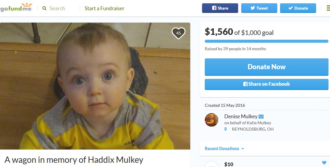 抗ヒスタミン剤を過剰投与され死亡した乳児（画像は『GoFundMe　2016年5月15日付「A wagon in memory of Haddix Mulkey」』のスクリーンショット）