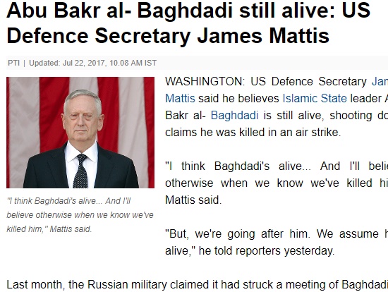 マティス米国防長官が「ISリーダーはまだ生存」（画像は『The Economic Times　2017年7月21日付「Abu Bakr al- Baghdadi still alive: US Defence Secretary James Mattis」』のスクリーンショット）