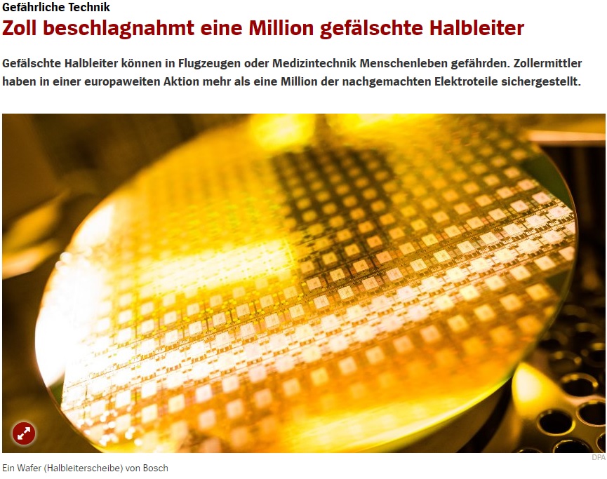 偽造半導体の密輸はびこる（画像は『SPIEGEL ONLINE　2017年7月3日付「Gefährliche TechnikZoll beschlagnahmt eine Million gefälschte Halbleiter」（DPA）』のスクリーンショット）
