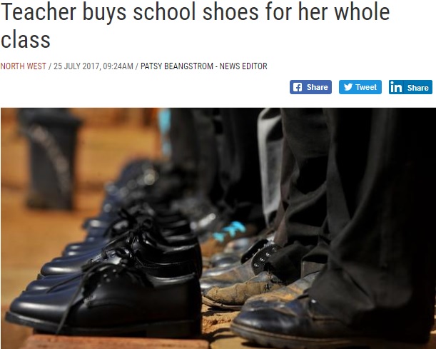 クラス全員に靴をプレゼント（画像は『IOL News　2017年7月25日付「Teacher buys school shoes for her whole class」（File picture: Oupa Mokoena/ANA Pictures）』のスクリーンショット）