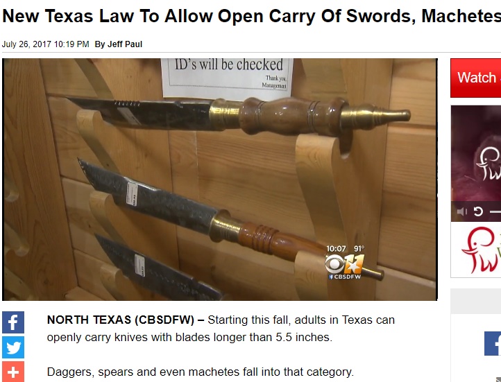 米テキサス州、今後はナイフ“所持”者が急増か（画像は『CBS DFW　2017年7月26日付「New Texas Law To Allow Open Carry Of Swords, Machetes」』のスクリーンショット）