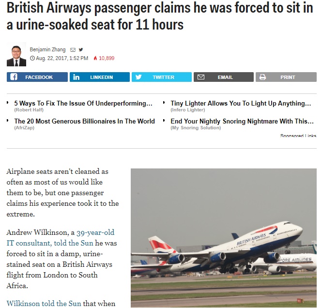 ブリティッシュ・エアウェイズ機の座席にオモラシの跡（画像は『Business Insider　2017年8月22日付「British Airways passenger claims he was forced to sit in a urine-soaked seat for 11 hours」（Flickr/Josh Hallett）』のスクリーンショット）