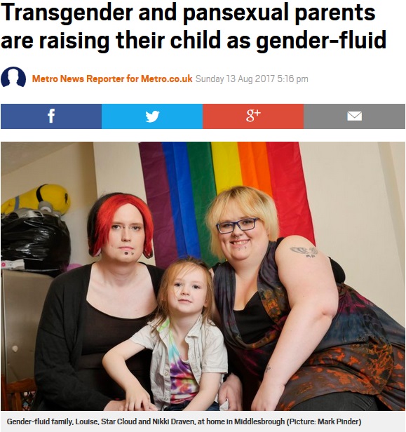 トランスジェンダー＆パンセクシュアルの両親の子育てとは…（画像は『Metro　2017年8月13日付「Transgender and pansexual parents are raising their child as gender-fluid」（Picture: Mark Pinder）』のスクリーンショット）