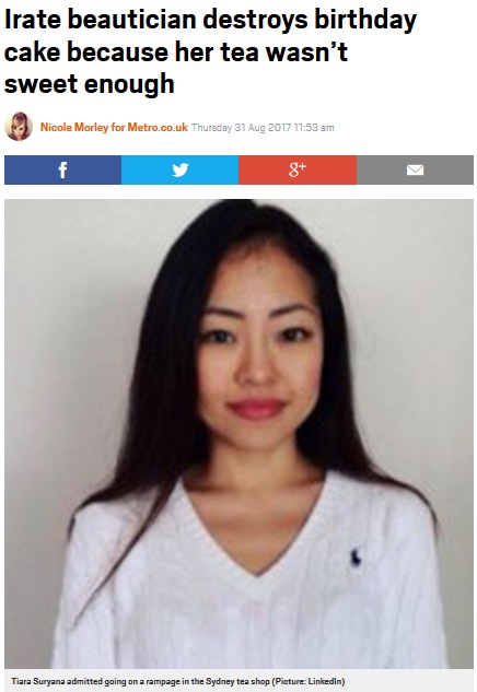 店内でブチ切れた25歳女（画像は『Metro　2017年8月31日付「Irate beautician destroys birthday cake because her tea wasn’t sweet enough」（Picture: LinkedIn）』のスクリーンショット）