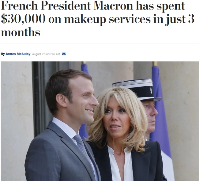 マクロン仏大統領、理美容として毎月100万円超を計上（画像は『Washington Post　2017年8月25日付「French President Macron has spent ＄30,000 on makeup services in just 3 months」（Michel Euler/AP）』のスクリーンショット）