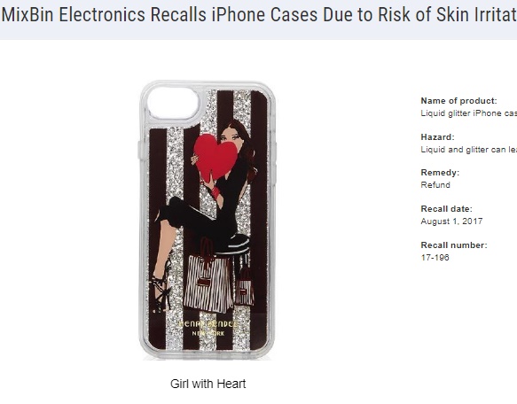 iPhoneリキッドグリッター・ケース続々と回収（画像は『CPSC.gov　2017年8月1日付「MixBin Electronics Recalls iPhone Cases Due to Risk of Skin Irritation and Burns」』のスクリーンショット）