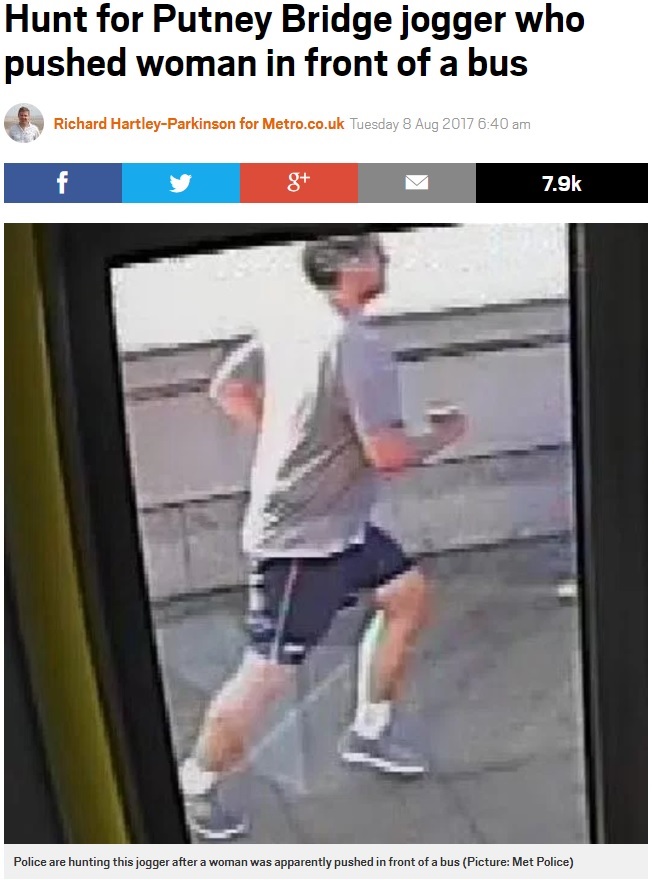 ジョギング中にみえた男が実は殺人鬼（画像は『Metro　2017年8月8日付「Hunt for Putney Bridge jogger who pushed woman in front of a bus」（Picture: Met Police）』のスクリーンショット）