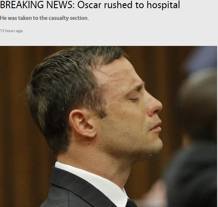 病院へ搬送されたオスカー・ピストリウス（画像は『Pretoria East Rekord　2017年8月3日付「BREAKING NEWS: Oscar rushed to hospital」（Picture: Kim Ludbrook/EPA/Pool）』のスクリーンショット）