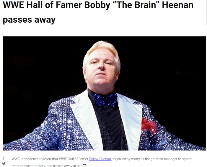 WWE名物マネージャー、ボビー・“ザ・ブレイン”・ヒーナン氏が死去（画像は『WWE.com　2017年9月17日付「WWE Hall of Famer Bobby “The Brain” Heenan passes away」』のスクリーンショット）