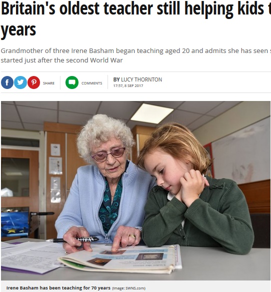教え子は3,500人超、現役の89歳教師（画像は『Mirror　2017年9月8日付「Britain's oldest teacher still helping kids to read after 70 years」（Image：SWNS.com）』のスクリーンショット）