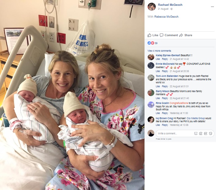 双子の姉妹、同じ病院で20時間差で出産（画像は『Rachael McGeoch　2017年8月21日付Facebook』のスクリーンショット）