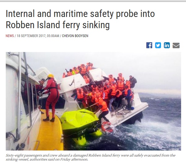 ロベン島を出発したフェリーが浸水（画像は『IOL News　2017年9月18日付「Internal and maritime safety probe into Robben Island ferry sinking」』のスクリーンショット