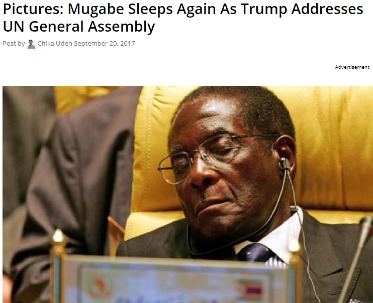 国連総会で居眠り中のムガベ大統領（画像は『Buzz South Africa　2017年9月20日付「Pictures: Mugabe Sleeps Again As Trump Addresses UN General Assembly」』のスクリーンショット）