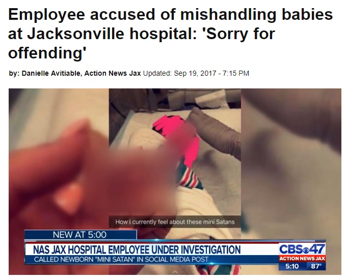 新生児を「この悪魔たち」と呼ぶ看護師たち（画像は『CBS47/FOX30　2017年9月19日付「Employee accused of mishandling babies at Jacksonville hospital: ‘Sorry for offending’」』のスクリーンショット）