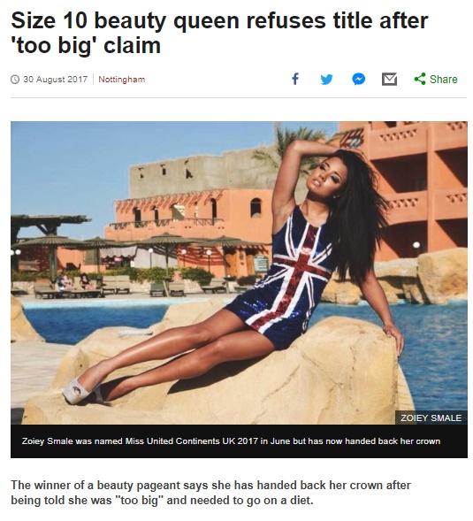 ミスコン英国代表の美女、ダイエットを命じられ激怒（画像は『BBC　2017年8月30日付 「Size 10 beauty queen refuses title after ‘too big’ claim」（ZOIEY SMALE）』のスクリーンショット）