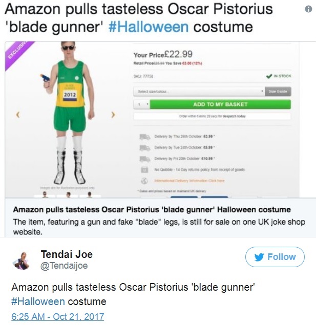 Amazonから削除されたハロウィンコスチューム（画像は『Tendai Joe　2017年10月21日付Twitter「Amazon pulls tasteless Oscar Pistorius ‘blade gunner’」』のスクリーンショット）