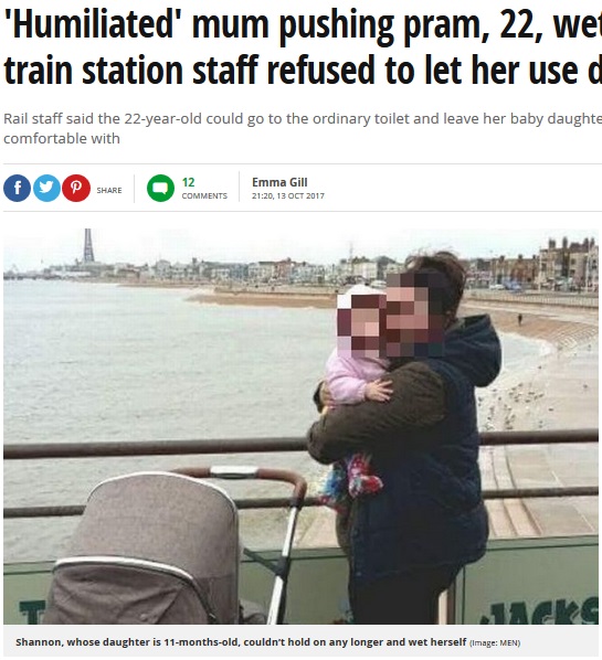 駅で障がい者用トイレの使用を拒否された母と娘（画像は『Mirror　2017年10月13日付「‘Humiliated’ mum pushing pram, 22, wet herself after train station staff refused to let her use disabled toilet」（Image: MEN）』のスクリーンショット）