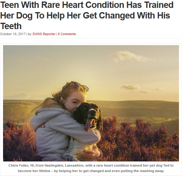 難病の少女と介助犬“テッド”（画像は『SWNS.com　2017年10月19日付「Teen With Rare Heart Condition Has Trained Her Dog To Help Her Get Changed With His Teeth」』のスクリーンショット）