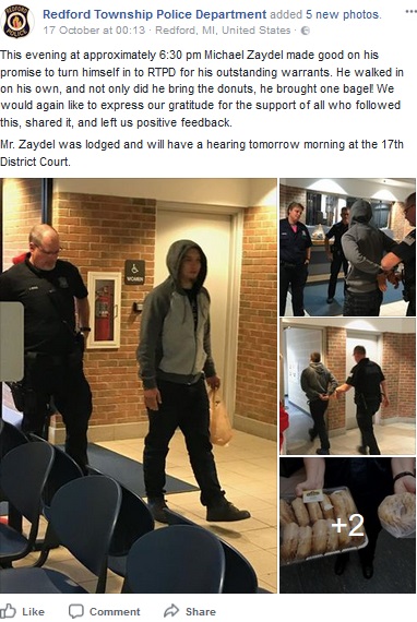 Facebookで賭けをした容疑者、ドーナツ持参で出頭（画像は『Redford Township Police Department　2017年10月16日付Facebook「This evening at approximately 6:30 pm Michael Zaydel made good on his promise to turn himself in to RTPD for his outstanding warrants.」』のスクリーンショット）
