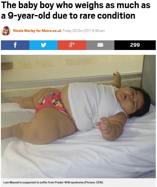 生後10か月にして9歳児並みの体重に（画像は『Metro　2017年10月20日付「The baby boy who weighs as much as a 9-year-old due to rare condition」（Picture: CEN）』のスクリーンショット）