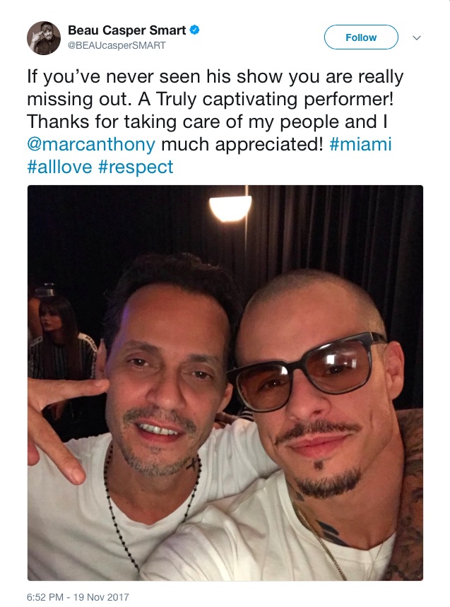 “元夫”マーク・アンソニーと“元カレ”キャスパー・スマート（画像は『Beau Casper Smart　2017年11月19日付Twitter「If you’ve never seen his show you are really missing out.」』のスクリーンショット）