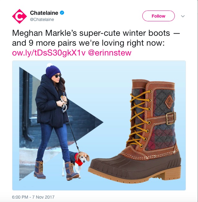 やっぱりおしゃれは足元から（画像は『Chatelaine　2017年11月7日付Twitter「Meghan Markle’s super-cute winter boots — and 9 more pairs we’re loving right now」』のスクリーンショット）