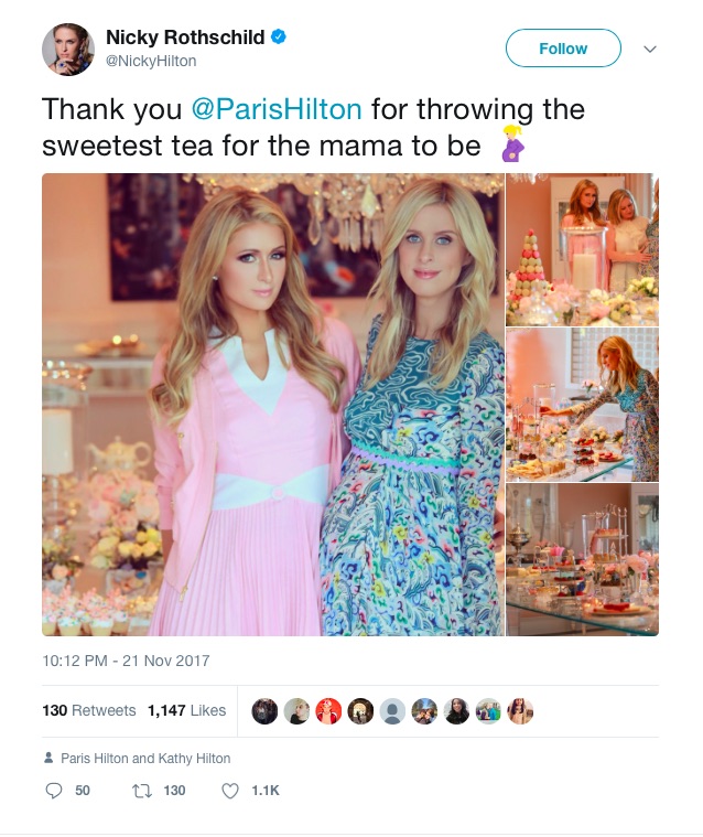 すっかり落ち着いてきたパリス＆ニッキー姉妹（画像は『Nicky Rothschild　2017年11月21日付Twitter「Thank you ＠ParisHilton for throwing the sweetest tea for the mama to be」』のスクリーンショット）