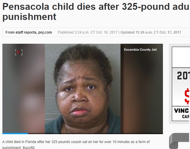 147kgの巨体で押しつぶされ9歳養女が圧死（画像は『Pensacola News Journal　2017年10月17日付「Pensacola child dies after 325-pound adult sat on her as punishment」（Photo: Courtesy of Escambia County Jail）』のスクリーンショット）
