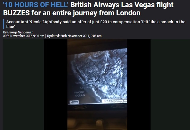乗客は怒りのツイート（画像は『The Sun　2017年11月20日付「‘10 HOURS OF HELL’ British Airways Las Vegas flight BUZZES for an entire journey from London」（Twitter: Shona2607）』のスクリーンショット）