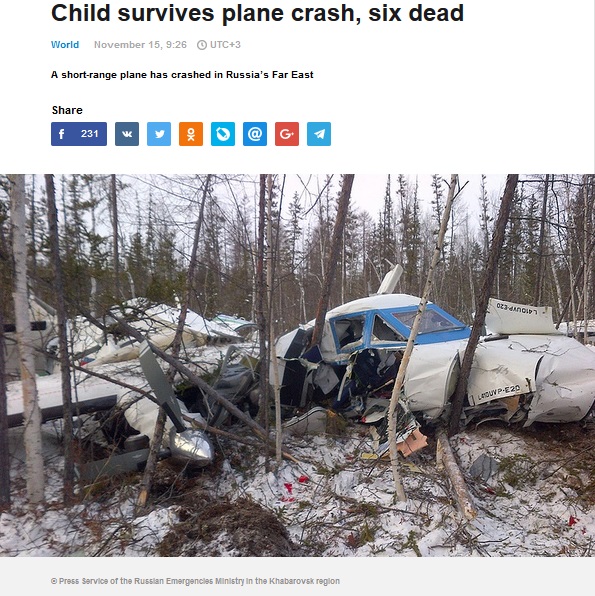 6名死亡の墜落事故で3歳女児のみ奇跡的に助かる（画像は『TASS.com　2017年11月15日付「Child survives plane crash, six dead」（Russian Emergencies Ministry in the Khabarovsk region）』のスクリーンショット）