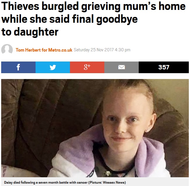 亡くなった娘のラップトップPCが盗難被害に（画像は『Metro　2017年11月25日付「Thieves burgled grieving mum’s home while she said final goodbye to daughter」（Picture: Wessex News）』のスクリーンショット）