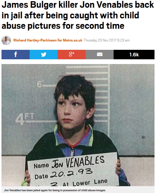 1993年に10歳だった加害者、再び投獄（画像は『Metro　2017年11月23日付「James Bulger killer Jon Venables back in jail after being caught with child abuse pictures for second time」』のスクリーンショット）