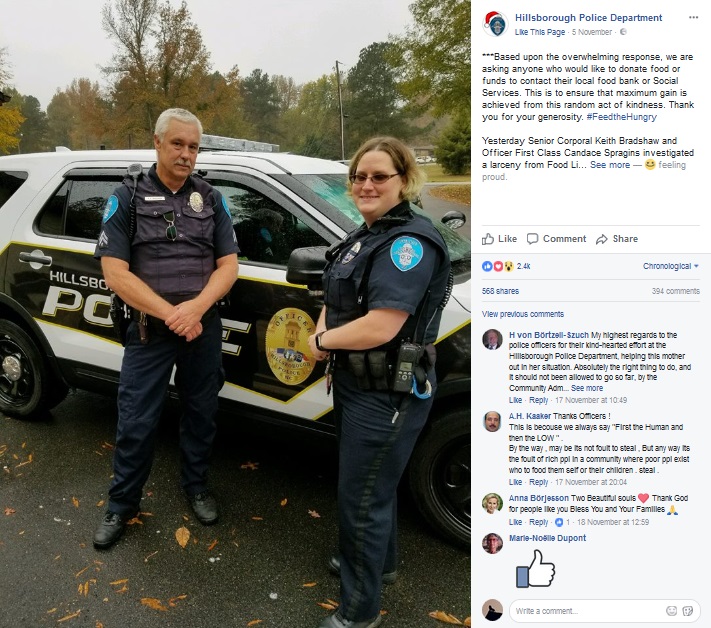 警察官らの行動に称賛の声あがる（画像は『Hillsborough Police Department　2017年11月5日付Facebook「Based upon the overwhelming response, we are asking anyone who would like to donate food or funds to contact their local food bank or Social Services.」』のスクリーンショット）