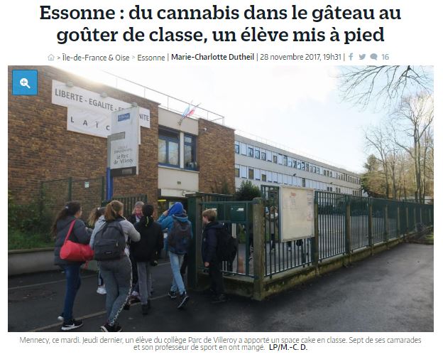 男子生徒、中学校に大麻入りケーキを持参（画像は『Le Parisien　2017年11月28日付「Essonne : du cannabis dans le gâteau au goûter de classe, un élève mis à pied」』のスクリーンショット）