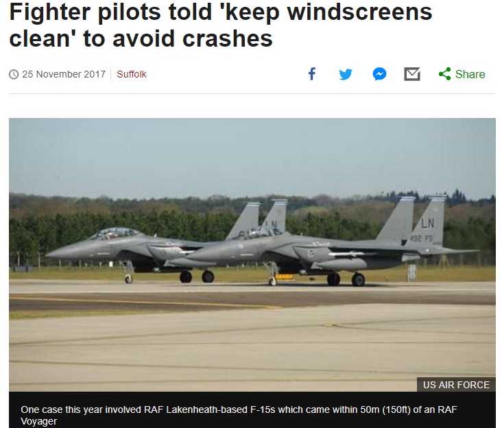 安全飛行は戦闘機の窓ふきから（画像は『BBC News　2017年11月25日付「Fighter pilots told ‘keep windscreens clean’ to avoid crashes」（US AIR FORCE）』のスクリーンショット）