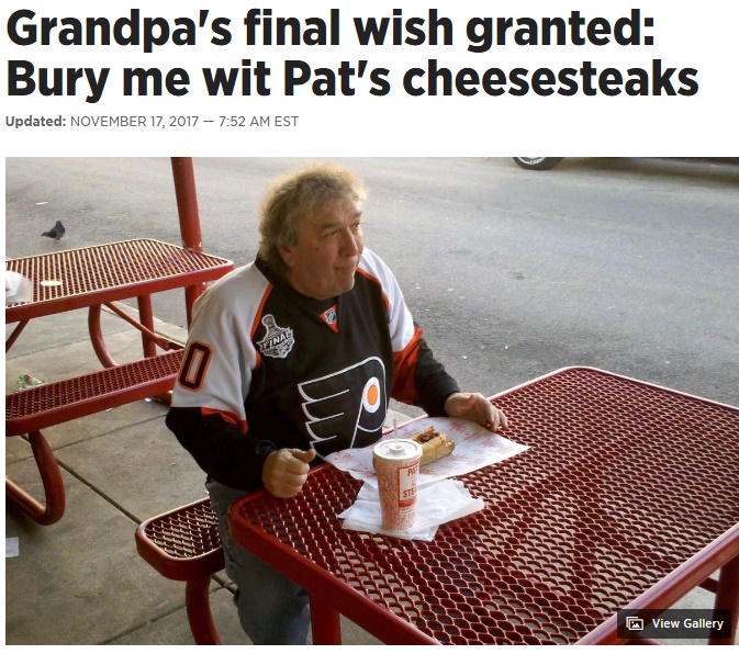 大好物を一緒に埋葬してもらった米男性（画像は『Philly.com　2017年11月17日付「Grandpa’s final wish granted： Bury me wit Pat’s cheesesteaks」（JOHN LUSSI）』のスクリーンショット）