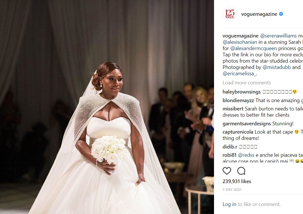 テニスコート上のセリーナとはまるで別人!?（画像は『Vogue　2017年11月18日付Instagram「＠serenawilliams married ＠alexisohanian in a stunning Sarah Burton for ＠alexandermcqueen princess gown.」』のスクリーンショット）