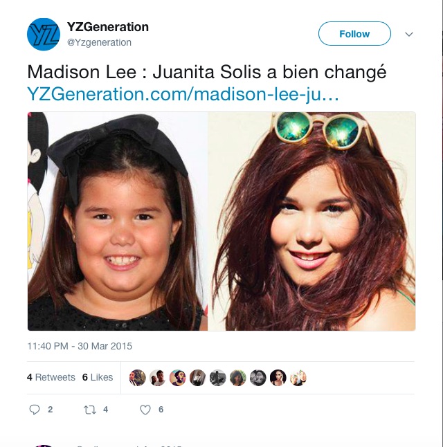 当時の面影を残しつつも、美しく成長したマディソン（画像は『YZGeneration　2015年3月30日付Twitter「Madison Lee : Juanita Solis a bien changé」』のスクリーンショット）