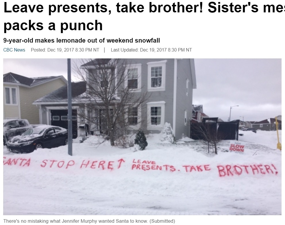 デカデカと書かれたサンタクロースへの願い事（画像は『CBC.ca　2017年12月19日付「Leave presents， take brother! Sister’s message for Santa packs a punch」』のスクリーンショット）